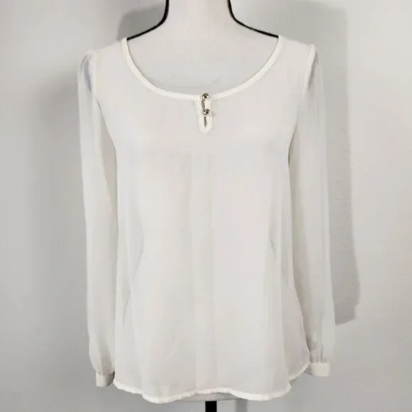 MINE Womens Size Small Cream White Sheer Long Sleeve Summer Spring‎ Blouse - Picture 2 of 10